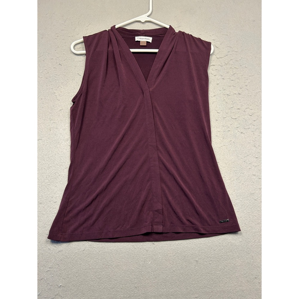 Calvin Klein Sleeveless V-Neck Pleated Jersey Top Purple Plum XS Womens